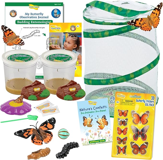 Insect Lore Butterfly Garden Kit with Live Caterpillars – Grow 10 Painted Lady Butterflies - STEM Learning Activity, Habitat with Journal, Stickers, Seeds & Figurines - As Seen on TV