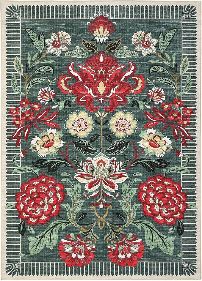 GarveeHome Floral Botanical Washable Rugs 5x7 Area Rug for Living Room, Grey Green Vintage Boho Cottage Throw Rugs Low Pile Carpet for Bedroom Dining Nursery Rug