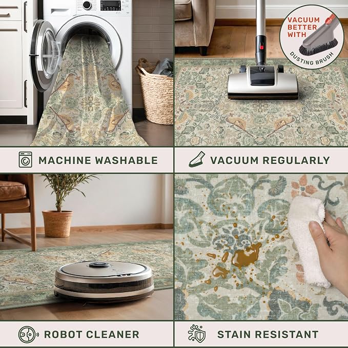 Floral Washable Large Rugs for Bedroom 10x14