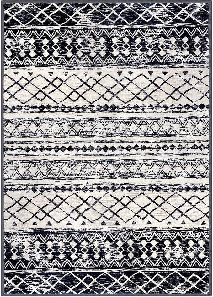 KUTA Morocca Area Rug 5x7 Black Navy Blue, Washable Boho Living Room Rugs