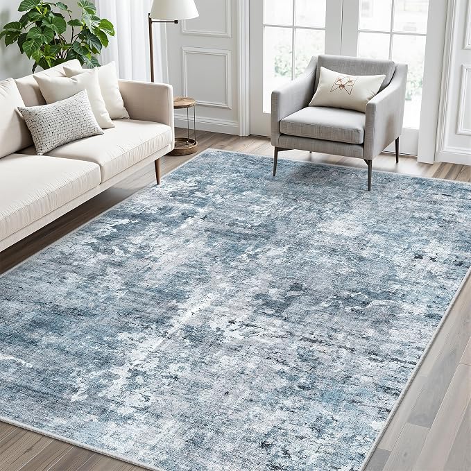 Soalmost Abstract Rug 5x7 Machine Washable Area Indoor Blue Low Pile Non-Slip