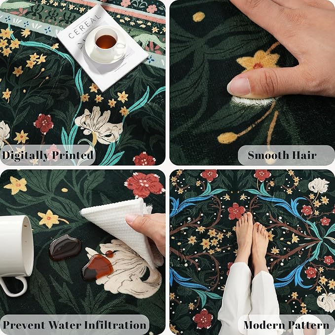 Area Rug 4x6 Rug Washable Vintage Floral Botanical Rugs Non Slip Low Pile Small Carpet for Bedroom, Bedside, Kids Room, Office, Dining Room, Green