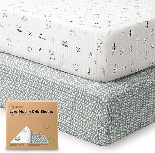 KeaBabies 2-Pack Muslin Crib Sheets for Boys, Girls - 100% Organic Cotton Fitted Baby Crib Mattress Sheet, Soft Breathable Standard Toddler Bed Cover Bedding Set, Neutral, Durable 52x28 (Nordic)