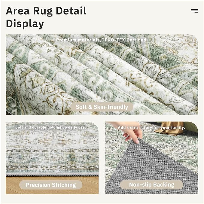 Soalmost 5x7 Area Rugs Green/Brown Low Pile Indoor Washable Trendy Faded Style