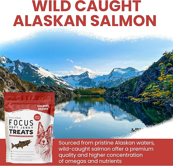 Chew + Heal Labs Dog Salmon Jerky Treats with Cognitive Support - 5 oz of Wild Caught Salmon Jerky Dog Treat - Made with Gingko Biloba, Blueberries, Cranberries, Pumpkin, and More - Made in The USA