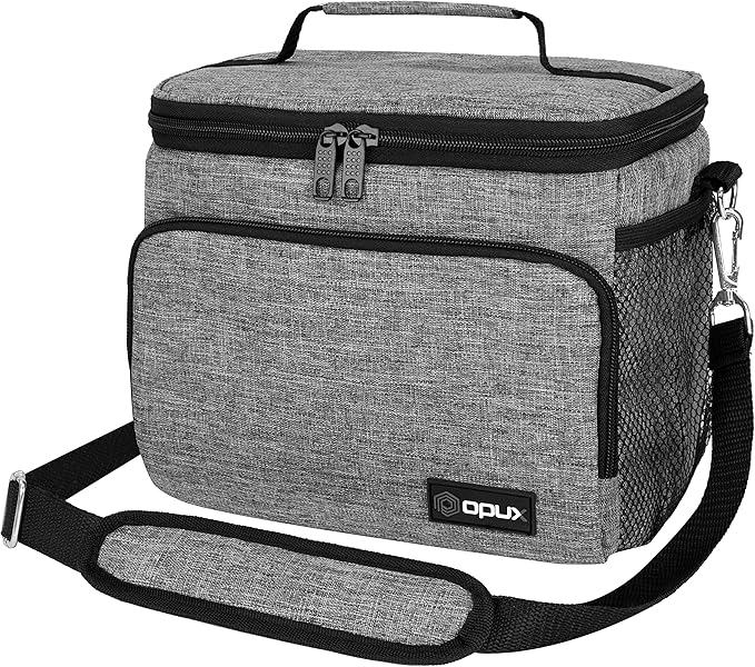 opux Insulated Lunch Bag for Men Women, Soft Lunch Box for Office Work School Picnic, Leakproof Lunch Cooler Bag with Shoulder Strap for Kid Adult Boy Girl, Medium Lunchbox Lunch Tote (Heather Gray)