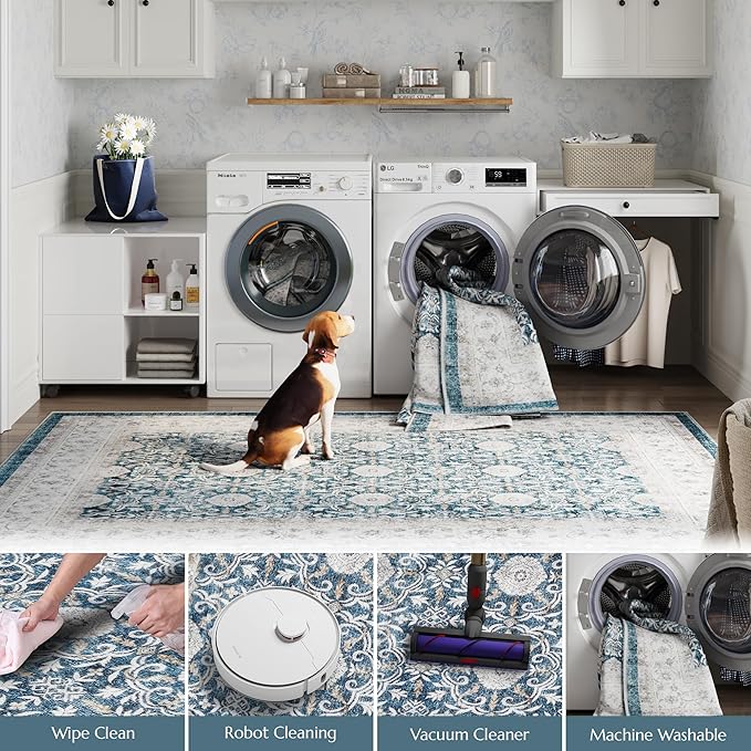 jinchan Floral 8x10 Area Rugs for Living Room Machine Washable Vintage Distressed Boho Design Throw Rug Stain Resistant Carpet Low-Pile Thin Non-Slip for Bedroom Dining Room Nursery (8‘x10',Dark Blue)