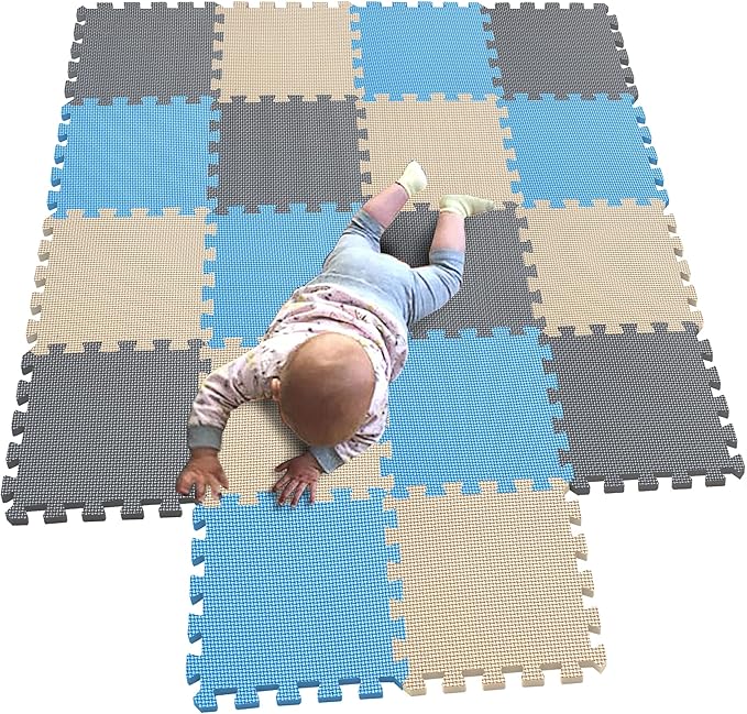 MQIAOHAM children puzzle mat play mat squares play mat tiles baby mats for floor puzzle mat soft play mats girl playmat carpet interlocking foam floor mats for baby blue beige grey 107110112