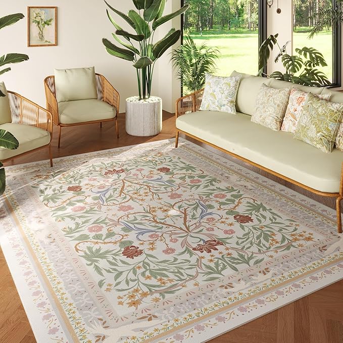 5x7 Washable Rug Vintage Floral Botanical Area Rug Non Slip Low Pile Large Rugs for Living Room, Bedroom, Farmhouse, Dining Room, Kids Playroom, Beige