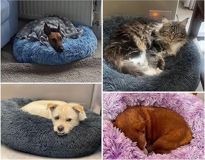 Dog Bed Large, Soft Round Cuddler Dog Beds Fluffy Plush Faux Fur Pet Beds, Anit-Anxiety Self-Warming Comfy (28", Deep Blue)