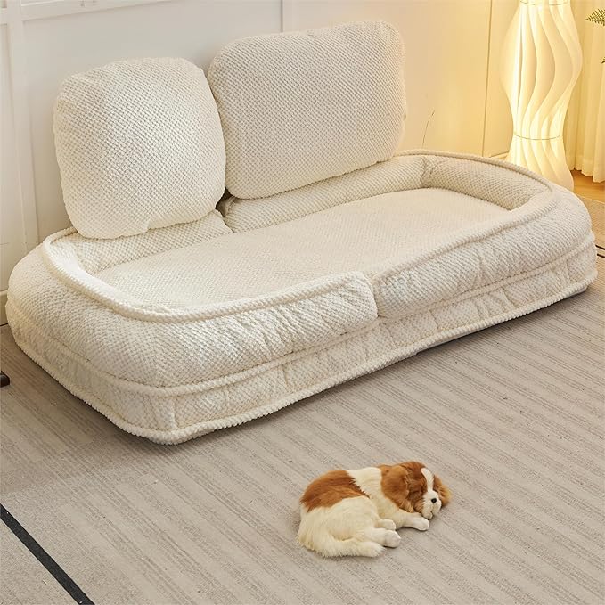 Human Dog Bed for Adult and Kids, Comfy Foldable Lazy Floor Sofa Bed with 5 Adjustable Position, White Upholstered Floor Bean Bag Lounger Chair for Bedroom, Living Room,Office (White.)