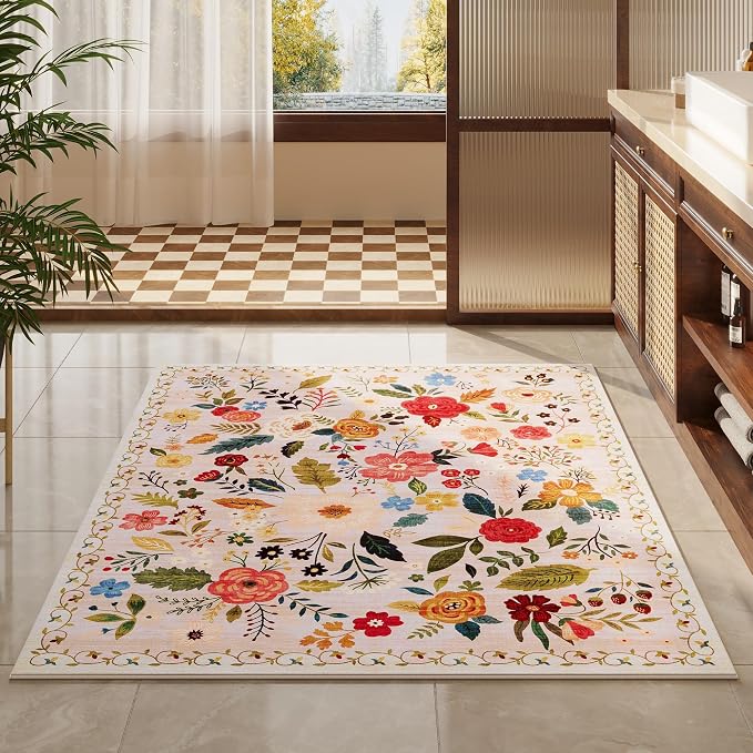 Rugcomf Bedroom Rug 3x5 Rug Washable Area Rug Non Slip Low Pile Boho Floral