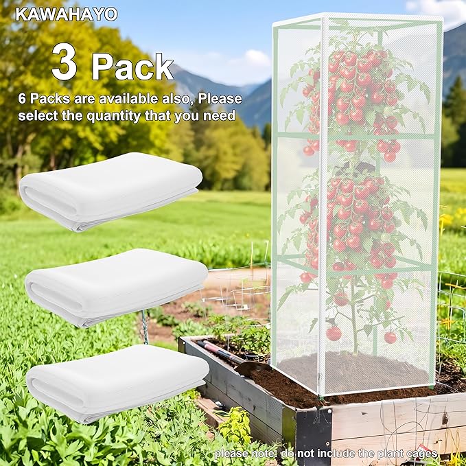 Garden Bird Netting Plant Cover for Square Tomato Cage, 59" x 17.7" Insect Barrier Tomato Cage Net with Zipper and Drawstring, Tomato Trellis Netting Protection Cover for Protecting Plant (3 Pack)
