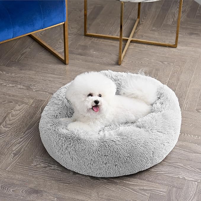 Juicy Couture Devon Faux Fur Small Gray Round Pet Bed for Dogs and Cats