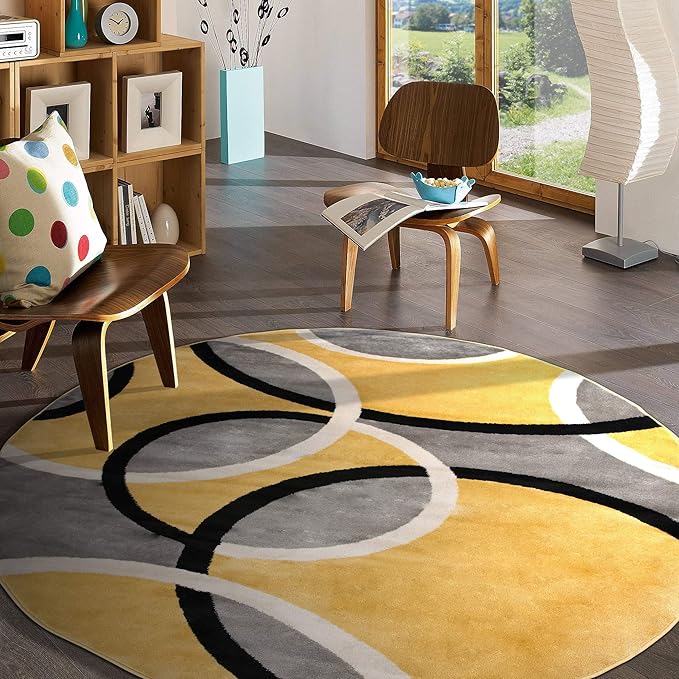 Rugshop Contemporary Abstract Circles Easy Maintenance for Home Office,Living Room,Bedroom,Kitchen Soft Round Rug 6' 6" (6' 6" Diameter) Yellow