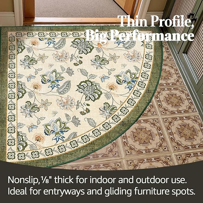 jinchan Floral Corner Rug for Entryway Washable Kitchen Rug Vintage Romance Design Non Slip Quarter Circle Lightweight Low-Pile Throw Carpet for Playroom Reading Nook Nursery, 4ft Radius, Green/Beige