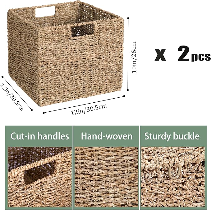 12x12x10in Seagrass Storage Baskets Set of 2, Large Wicker Storage Basket, Decorative Seagrass Shelf Basket, Pantry Baskets Organization,Folding Storage Cube Bins
