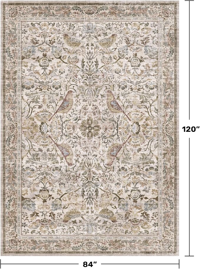 Moss Washable Living Room Rug, 7x10 Floral Area Rug