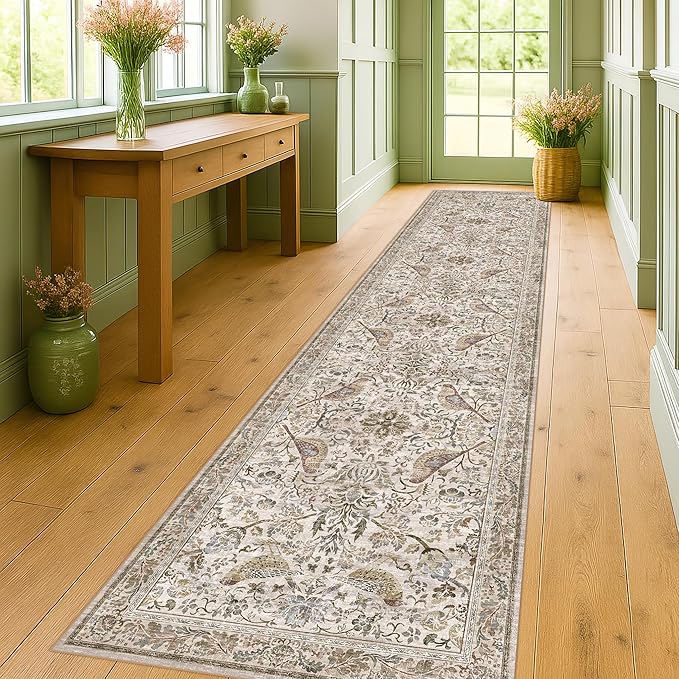 Boho 2x10 Moss Green Hallway Runner Rug 10 ft, Washable Extra Long Runner Rugs