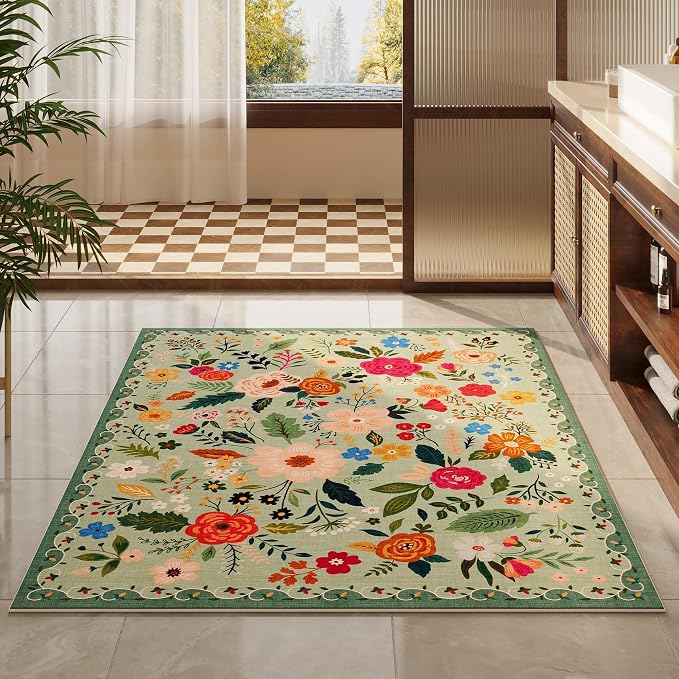 Rugcomf Bedroom Rug 3x5 Rug Washable Area Rug Non Slip Low Pile Boho Floral