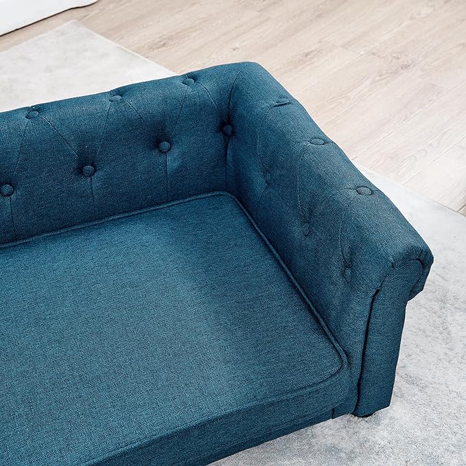 38.9" Elevated Dog Sofa with Button‑Tufted Backrest & Rolled Armrests, Pet Couch Bed with Removable Soft Cushion, Comfortable Upholstery Raised Dog Bed with Thick Padding for Living Room,Bedroom