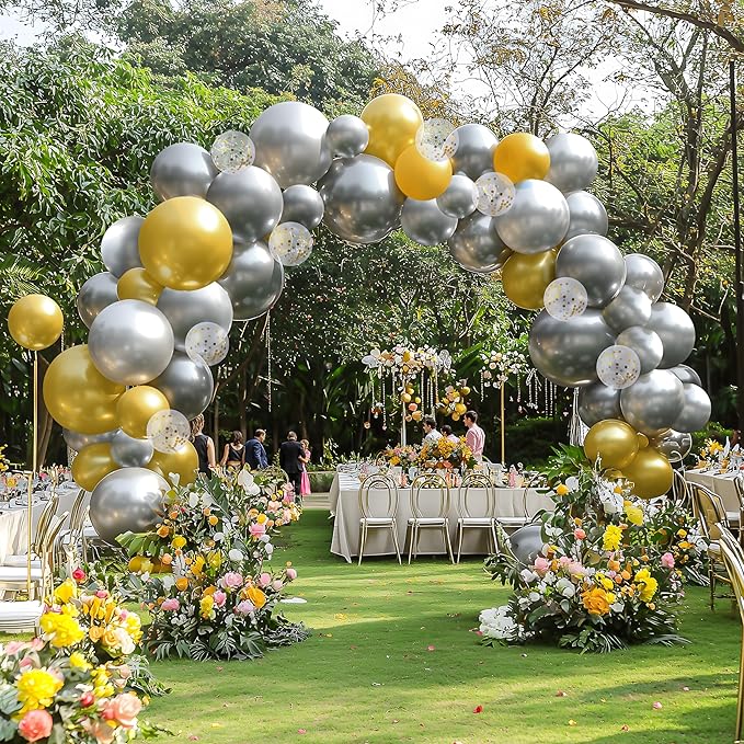 JOYIN 150 Pcs Metallic Silver Balloons, Different Sizes 18 12 10 5 Inch Silver Latex Balloon Arch Kit with Instruction for Birthday Party Graduation Wedding Holiday Decoration
