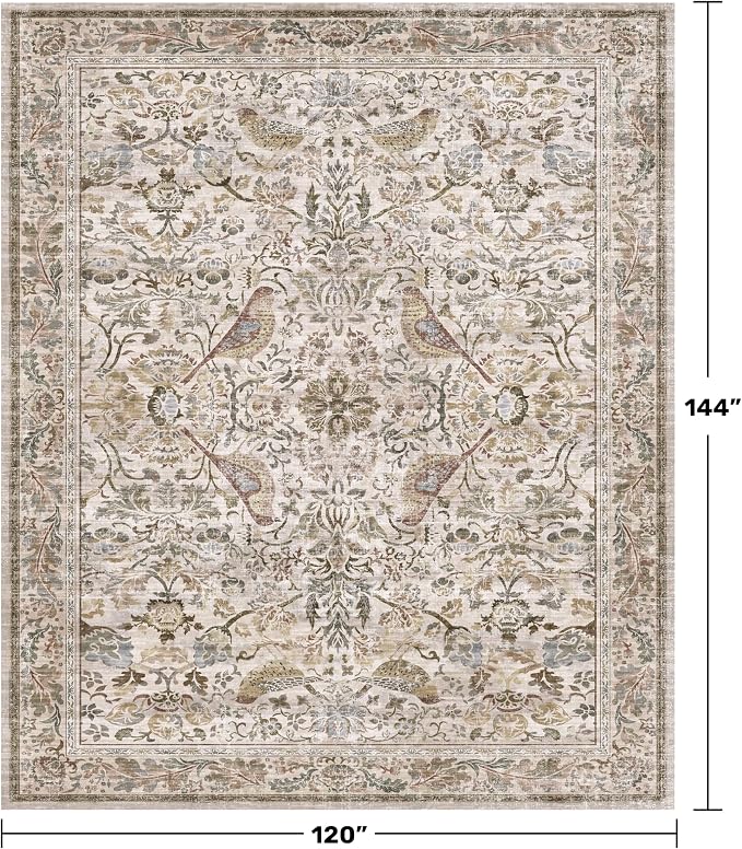 Washable Floral 10x12 Area Rug for Living Room