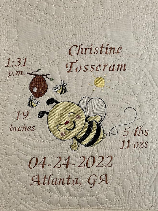 Personalized Baby Blanket Quilt | Monogrammed Blankets for Boys and Girls | Embroidered Baby Gifts | (Honeybee)