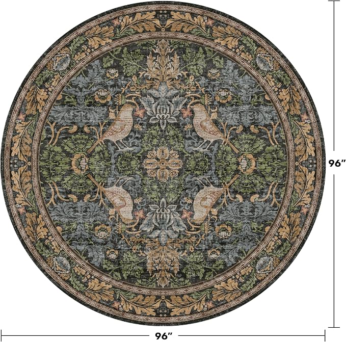 Washable Boho Round Rugs 8ft for Living Room, Ultra Soft Forest Large Circular