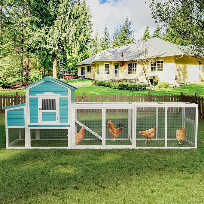 Wooden Chicken Coop with Nesting Box and Free-Range Door – Outdoor Hen House for 3–4 Chickens, All-Weather Asphalt Roof, Secure Locks & Easy-Clean Sliding Tray Blue